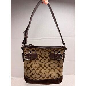 Coach Dark Brown Tan Signature C Logo Shoulder Purse Tote